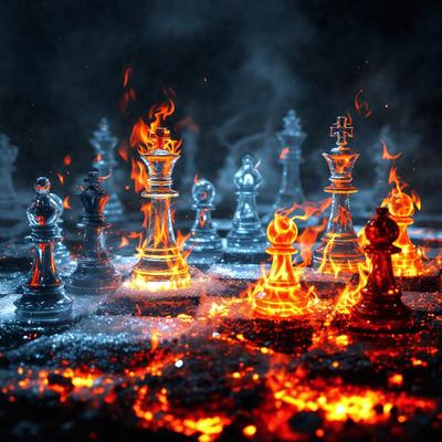 The primary subject of the image is a chessboard with several chess pieces, including kings and pawns, arranged on it. The setting is a dark, possibly fire-themed, environment, with the chessboard being the main focus. The visual style appears to be a digital art or illustration, as the chess pieces are depicted in a more stylized manner than in a traditional photograph. The colors and mood of the image are dark and dramatic, with the fire-themed elements adding a